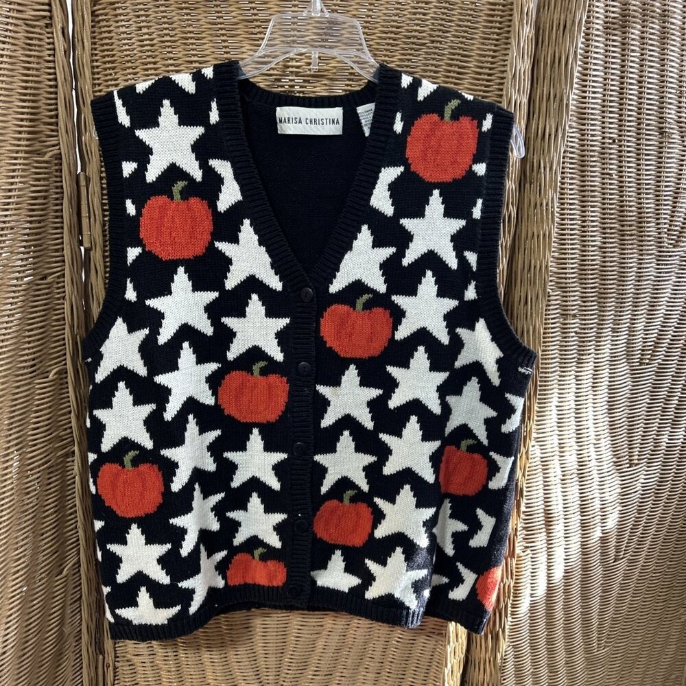 vintage marisa christina sweater Apples Pumpkin?Star Vest Cardigan Med  Teacher